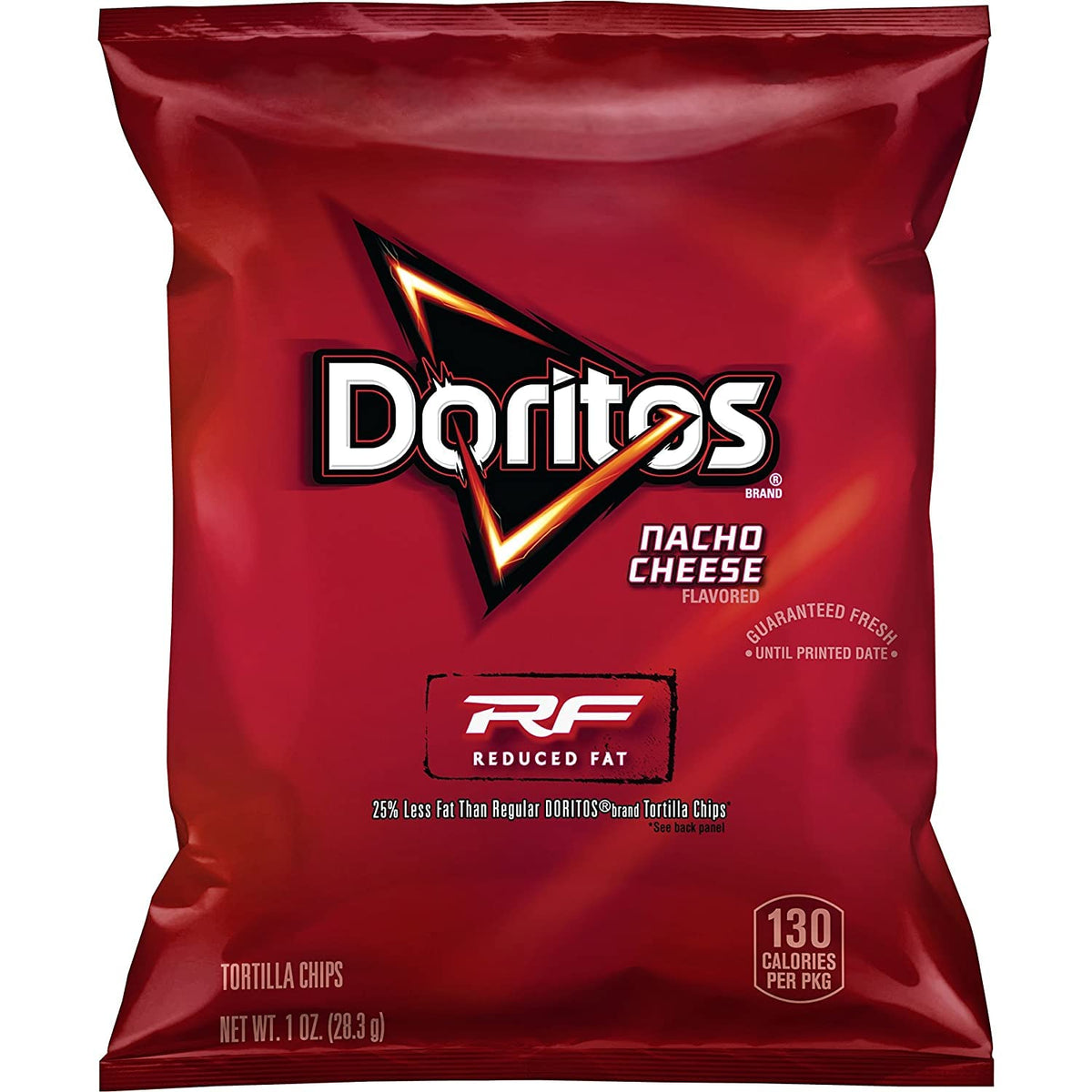 Doritos Nacho Cheese chips close-up showing bold flavor and lighter fat option.