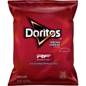 Doritos Nacho Cheese chips close-up showing bold flavor and lighter fat option.
