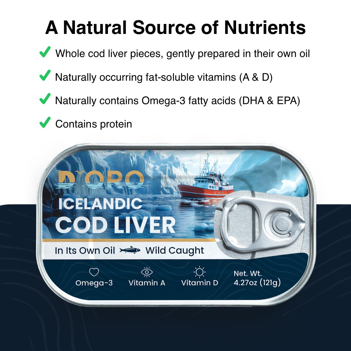 D'ORO Icelandic cod liver texture close-up conveys premium quality.