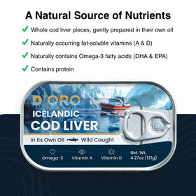 D'ORO Icelandic cod liver texture close-up conveys premium quality.