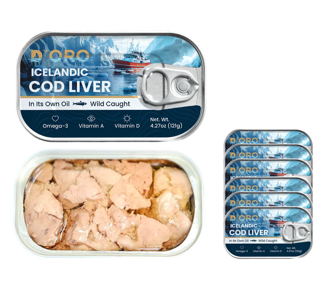 D'ORO Icelandic cod liver in own oil bottle showing silky texture and omega-3 richness.