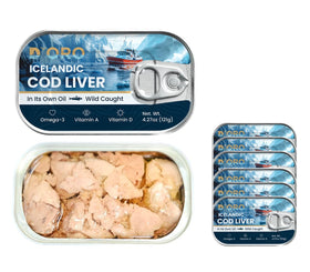 D'ORO Icelandic cod liver in own oil bottle showing silky texture and omega-3 richness.