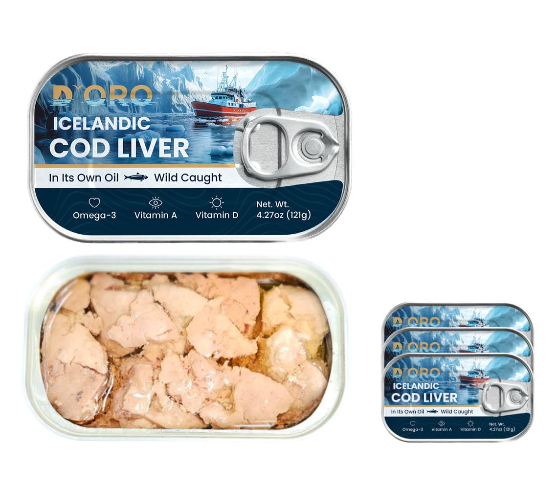D'ORO Icelandic cod liver in own oil pack front for elegant appetizers.