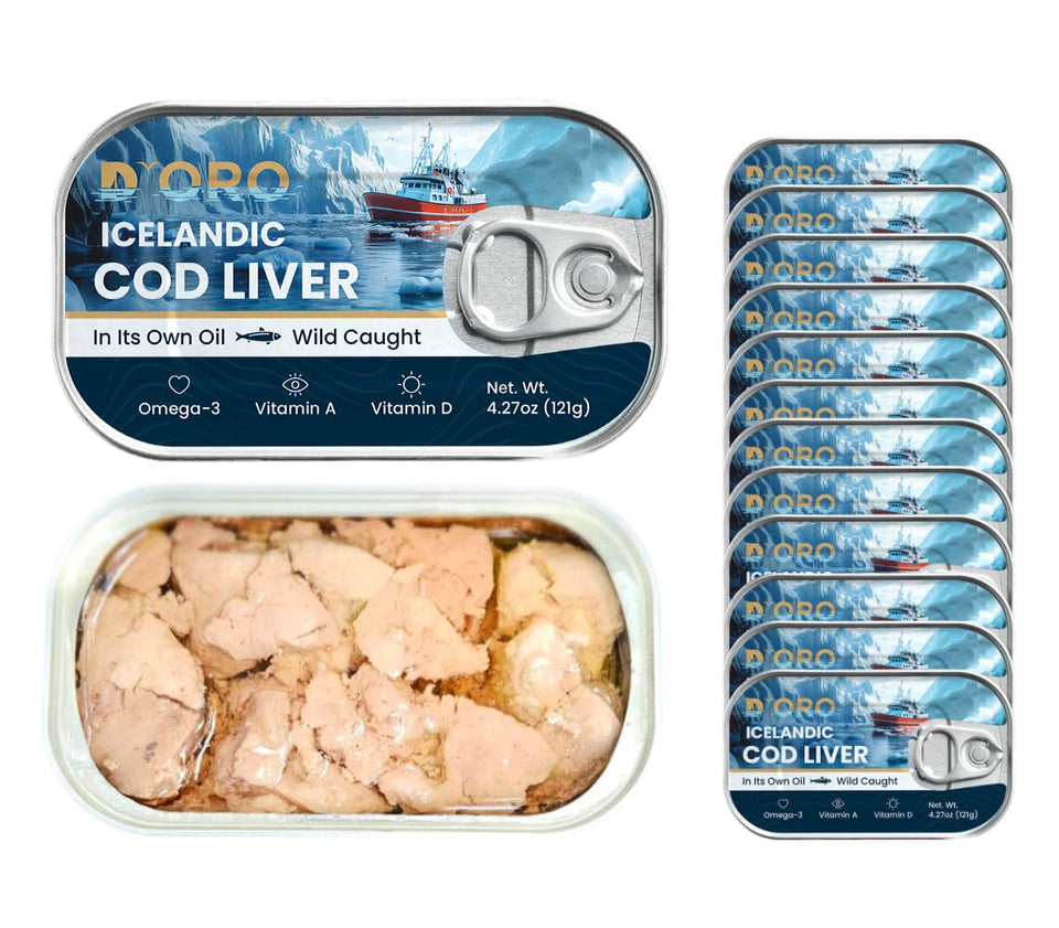 D’ORO Icelandic cod liver in own oil with silky texture for refined tasting.