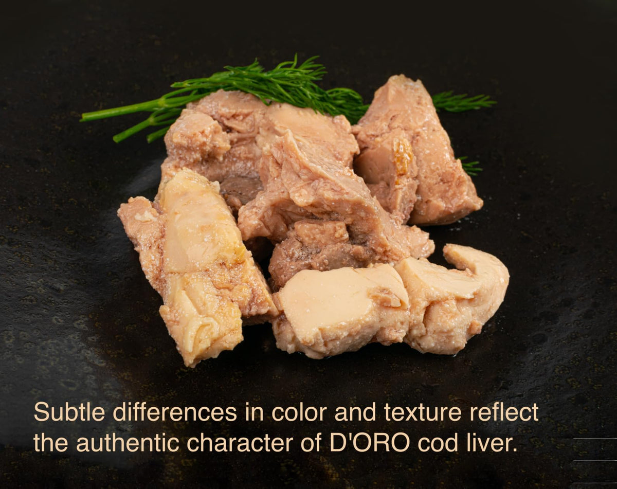 D’ORO omega-3 rich cod liver highlights nourishing profile for meals.