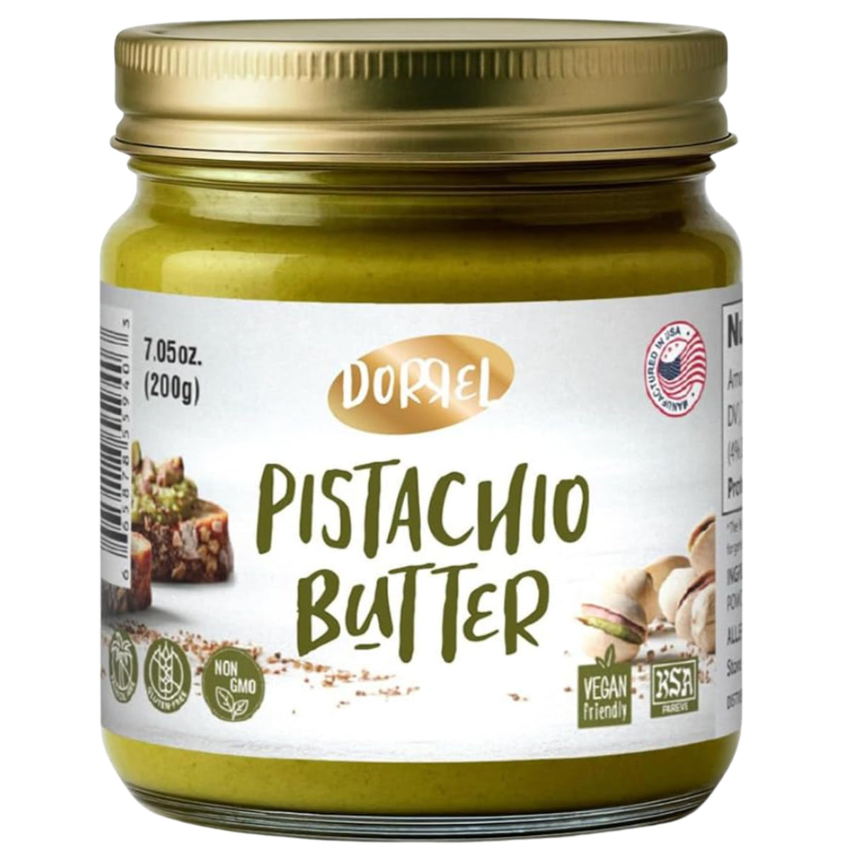 Dorrel Pistachio Butter jar close-up highlighting rich pistachio spread for snacking