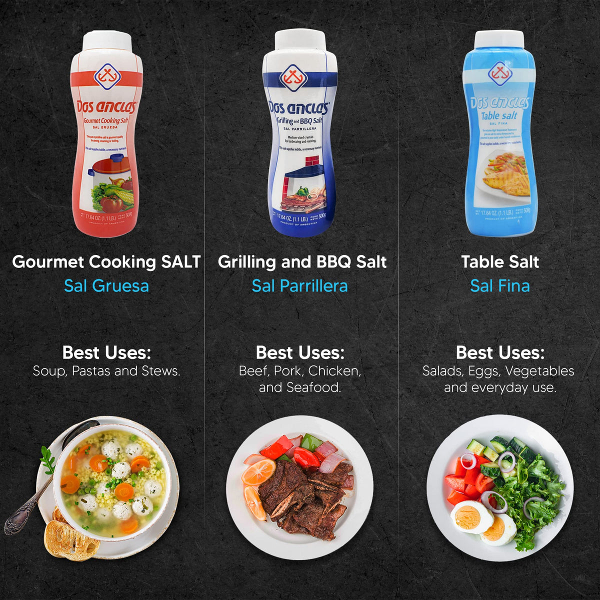 Dos Anclas Sal Parrillera on grill-ready meat, enhances flavor with a light salt crust.