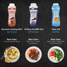 Dos Anclas Sal Parrillera on grill-ready meat, enhances flavor with a light salt crust.