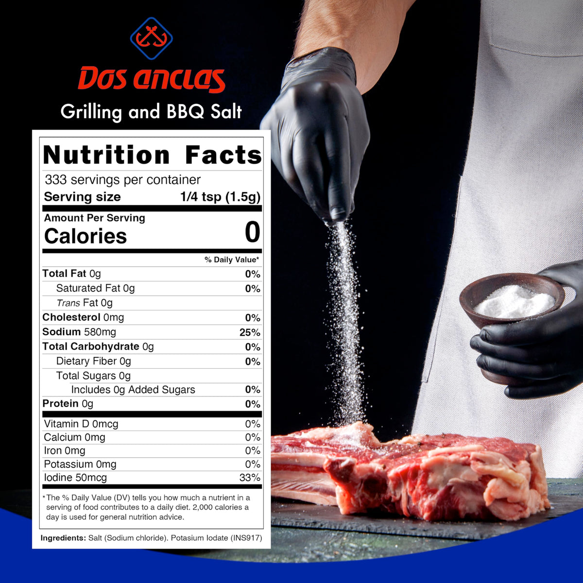 Dos Anclas Sal Parrillera pack back view, organized kitchen staple for indoor and outdoor cooking.