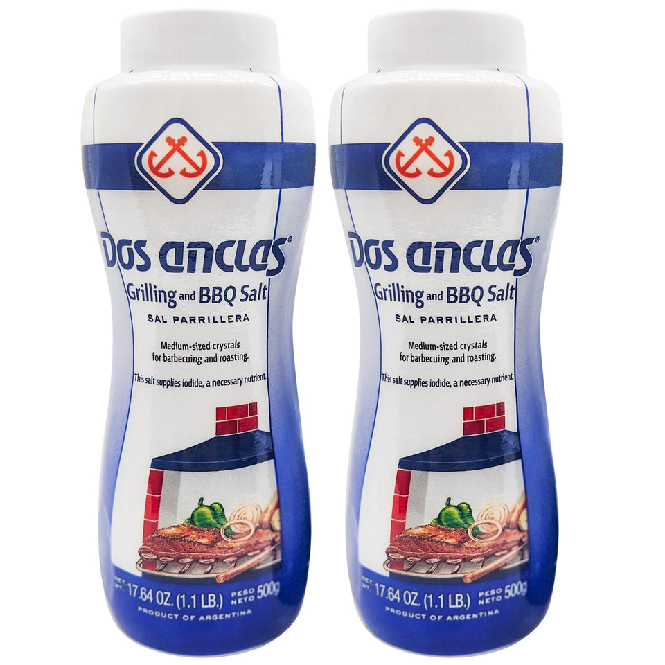 Dos Anclas Sal Parrillera pack front angle, easy two-shaker setup for grilling perfection.