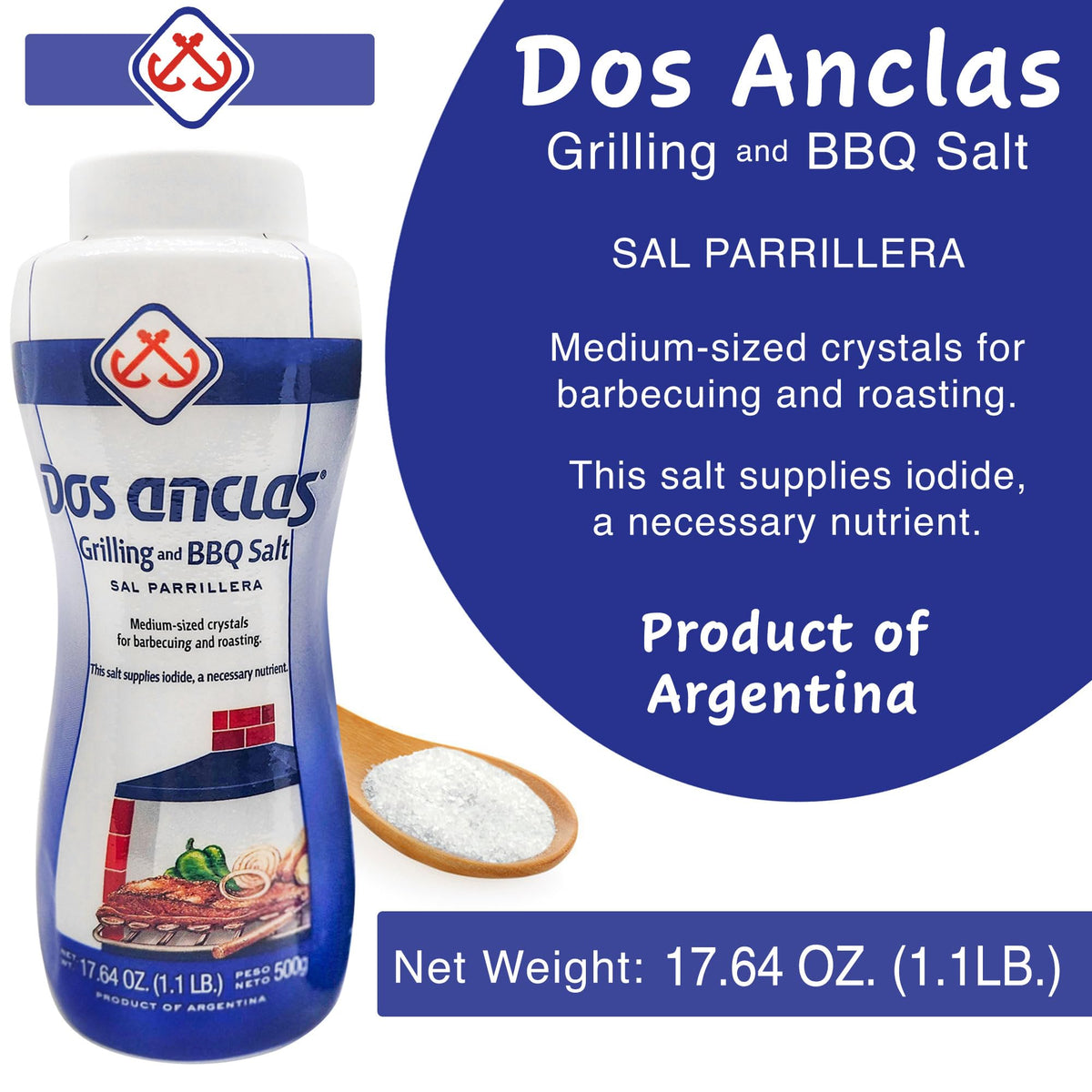 Dos Anclas Sal Parrillera packaging shown beside BBQ tools.