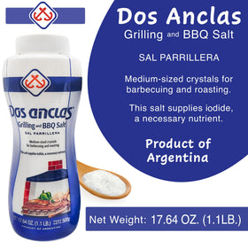 Dos Anclas Sal Parrillera packaging shown beside BBQ tools.