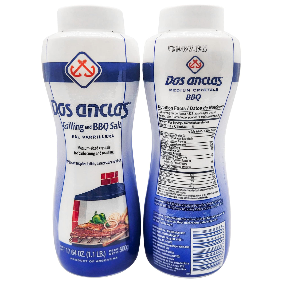 Dos Anclas Sal Parrillera shaker pouring salt for even rib seasoning.