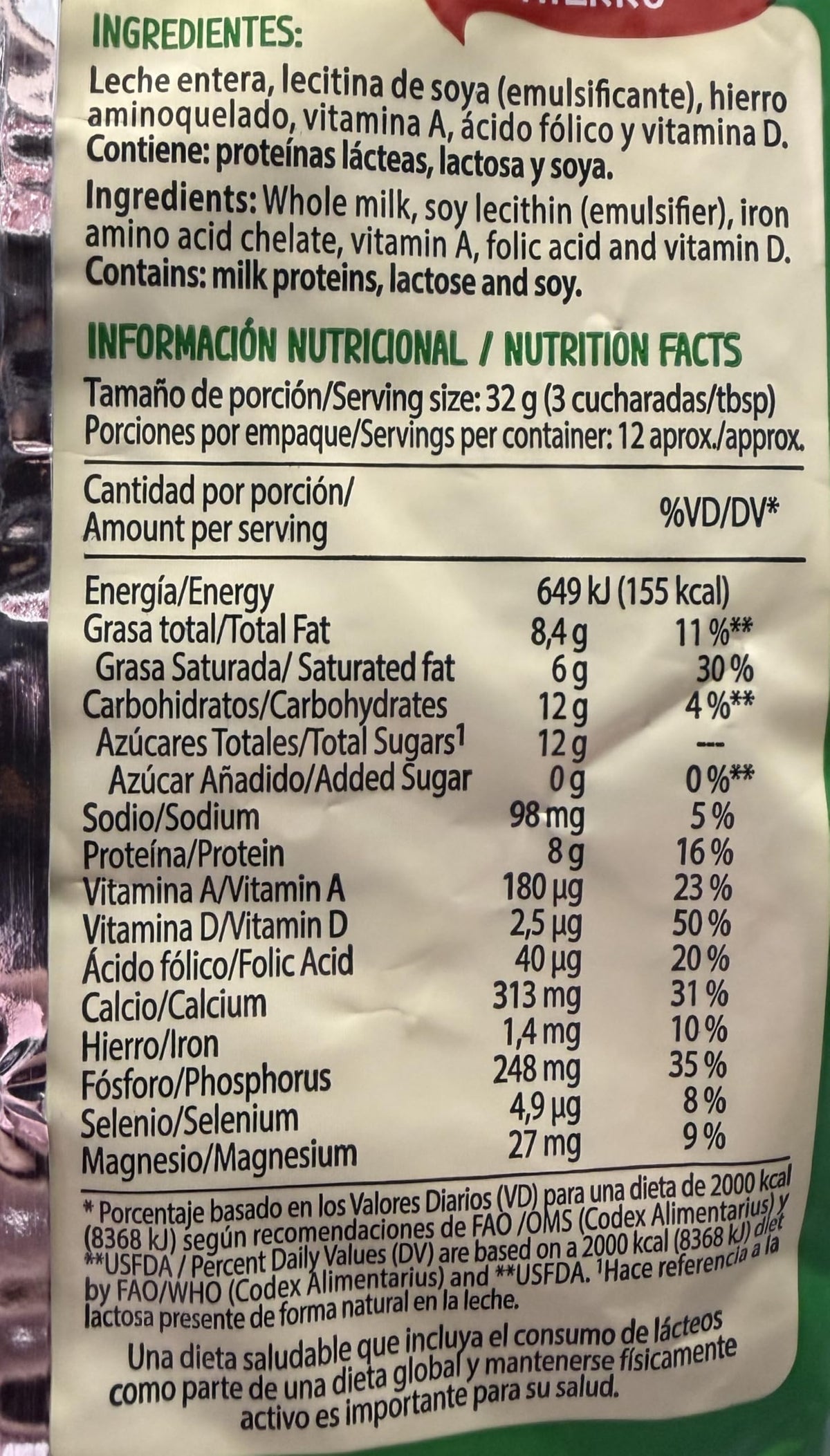 DOS PINOS Leche Pinito powder in a kitchen for pantry use.