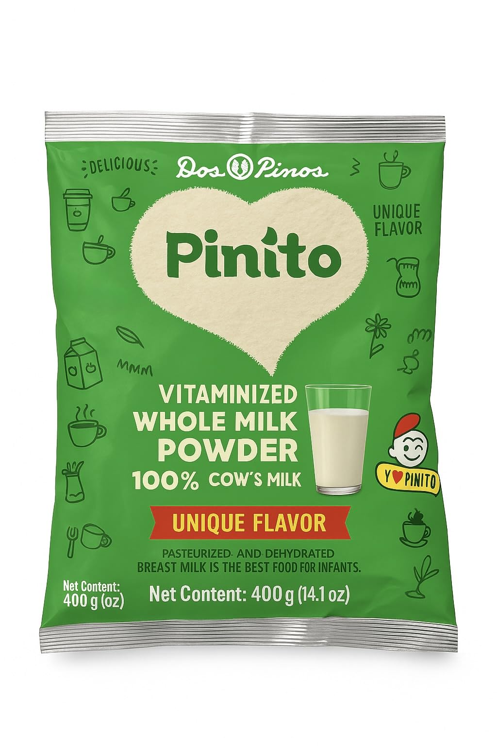 DOS PINOS powdered whole milk 400g pack ready for rehydration and drinks.
