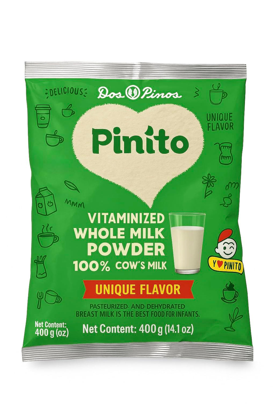 DOS PINOS powdered whole milk 400g pack ready for rehydration and drinks.