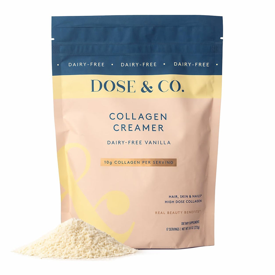DOSE & CO vanilla collagen creamer bottle offers a dairy-free, creamy coffee boost.