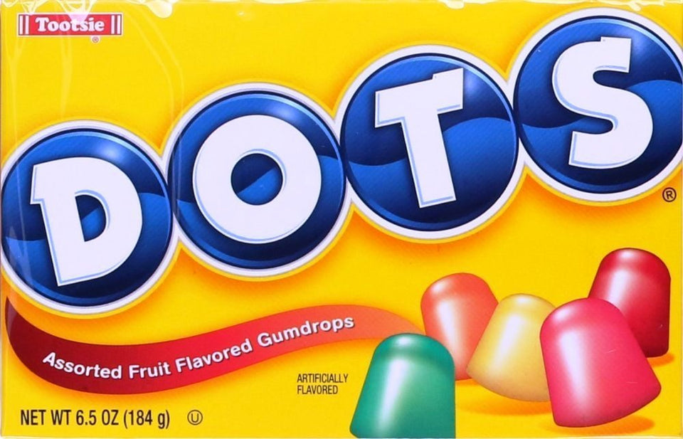 Dots Gumdrops assorted colors, six-pack display, perfect for sharing at parties.