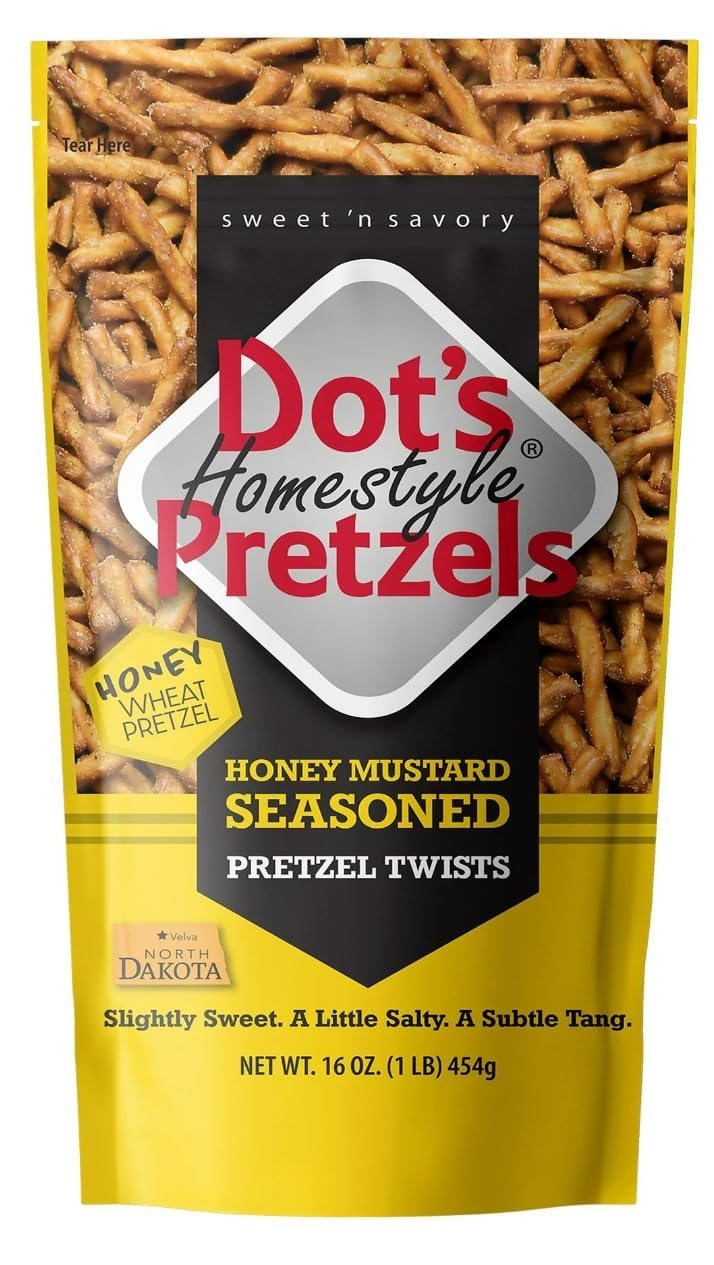 Dot's Honey Mustard Pretzels Twists closeup crunch, perfect for movie nights.