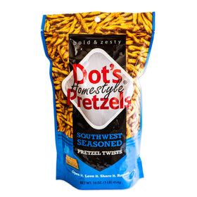 Dots Southwest Seasoned Pretzel Twists closeup shows crisp texture and bold spice