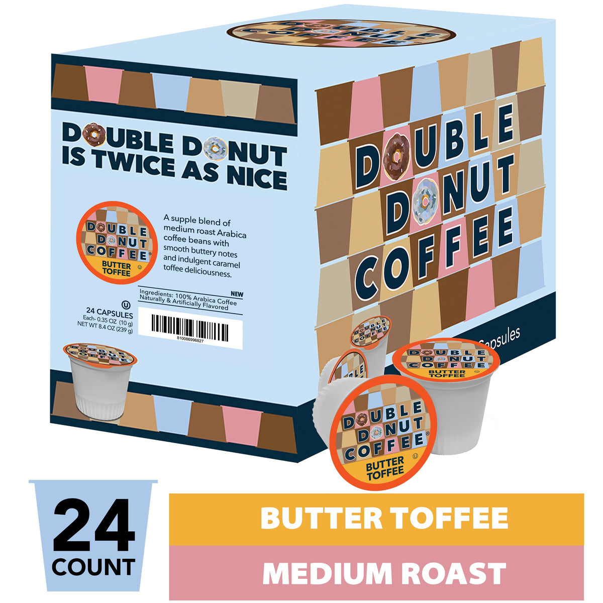 Double Donut Butter Toffee pod closeup highlighting rich aroma and butter toffee flavor.