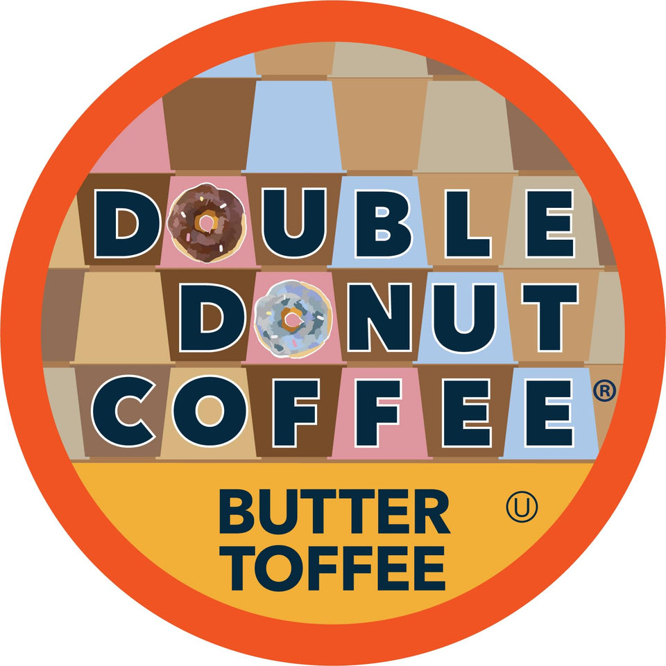 Double Donut Butter Toffee pod pack shot, showcasing convenient, pantry-ready coffee for busy mornings.