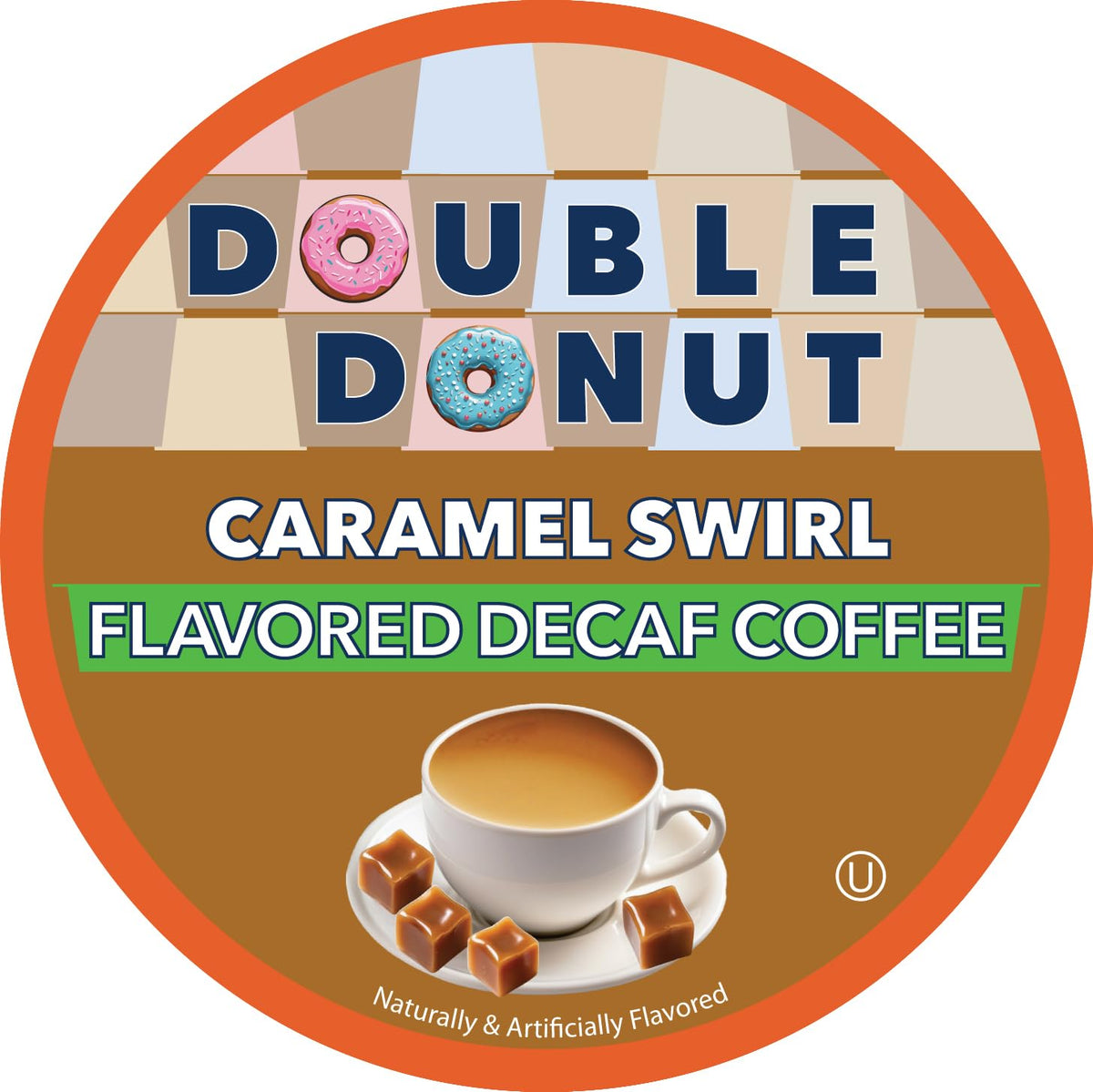 Double Donut Caramel Swirl decaf pod packaging highlighting recyclable materials.