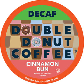 Double Donut Cinnamon Bun Decaf pods in a 24-count box for a cozy morning.