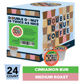 Cinnamon Bun decaf pods displayed for Keurig machines, ready to brew.