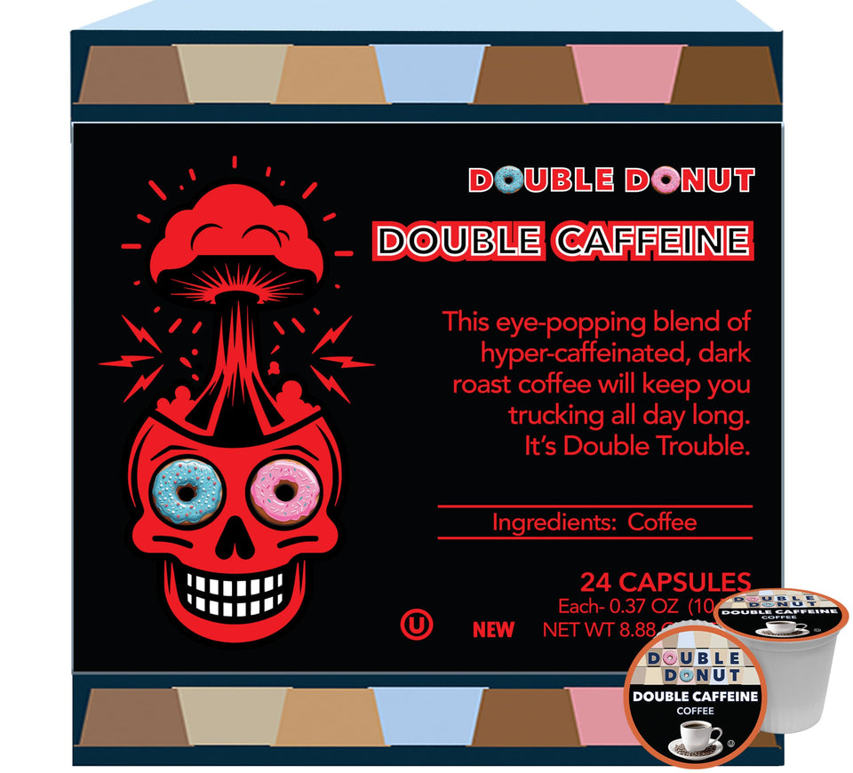 Double Donut Coffee 2x caffeine pod pack for a quick morning energy boost.