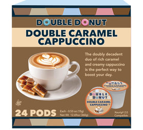 Double Donut Coffee caramel cappuccino pods box for quick at-home indulgence.