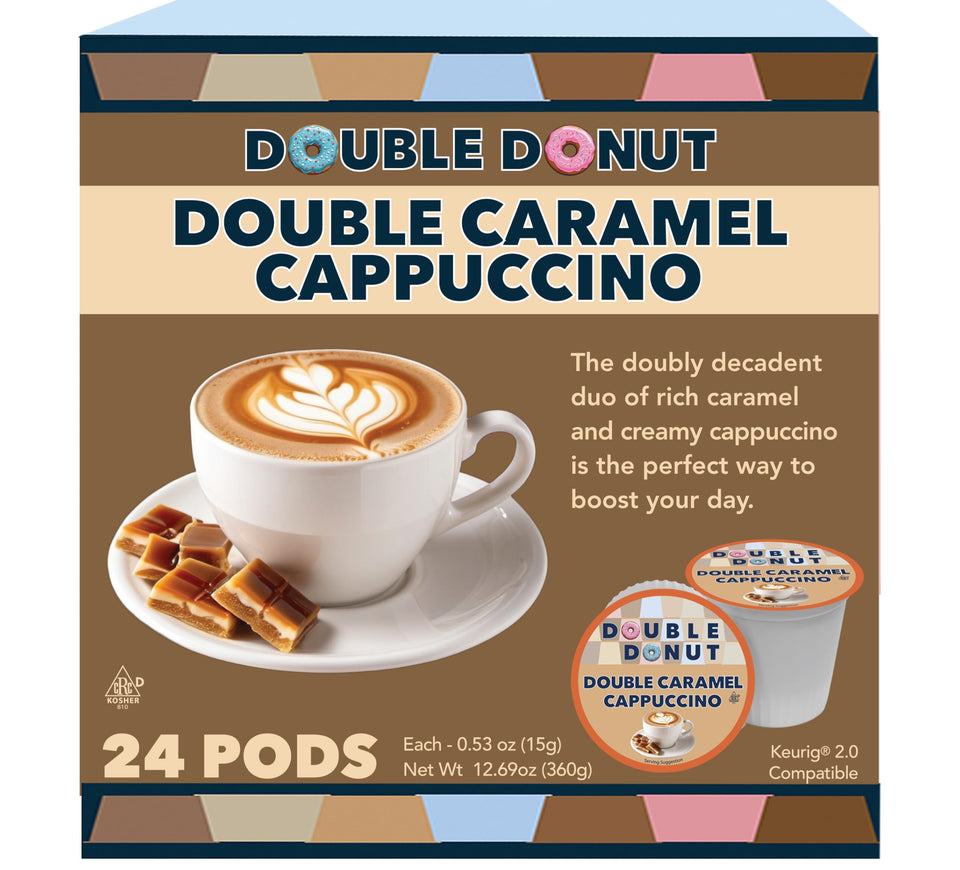 Double Donut Coffee caramel cappuccino pods box for quick at-home indulgence.