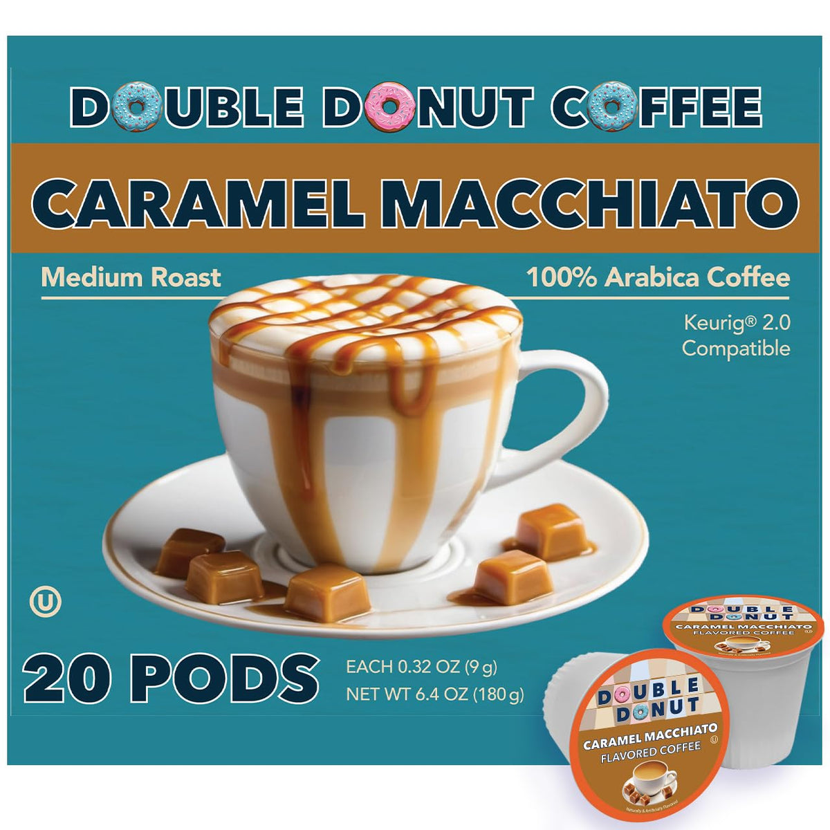 Double Donut Caramel Macchiato pod ready for Keurig, delivering creamy caramel notes.