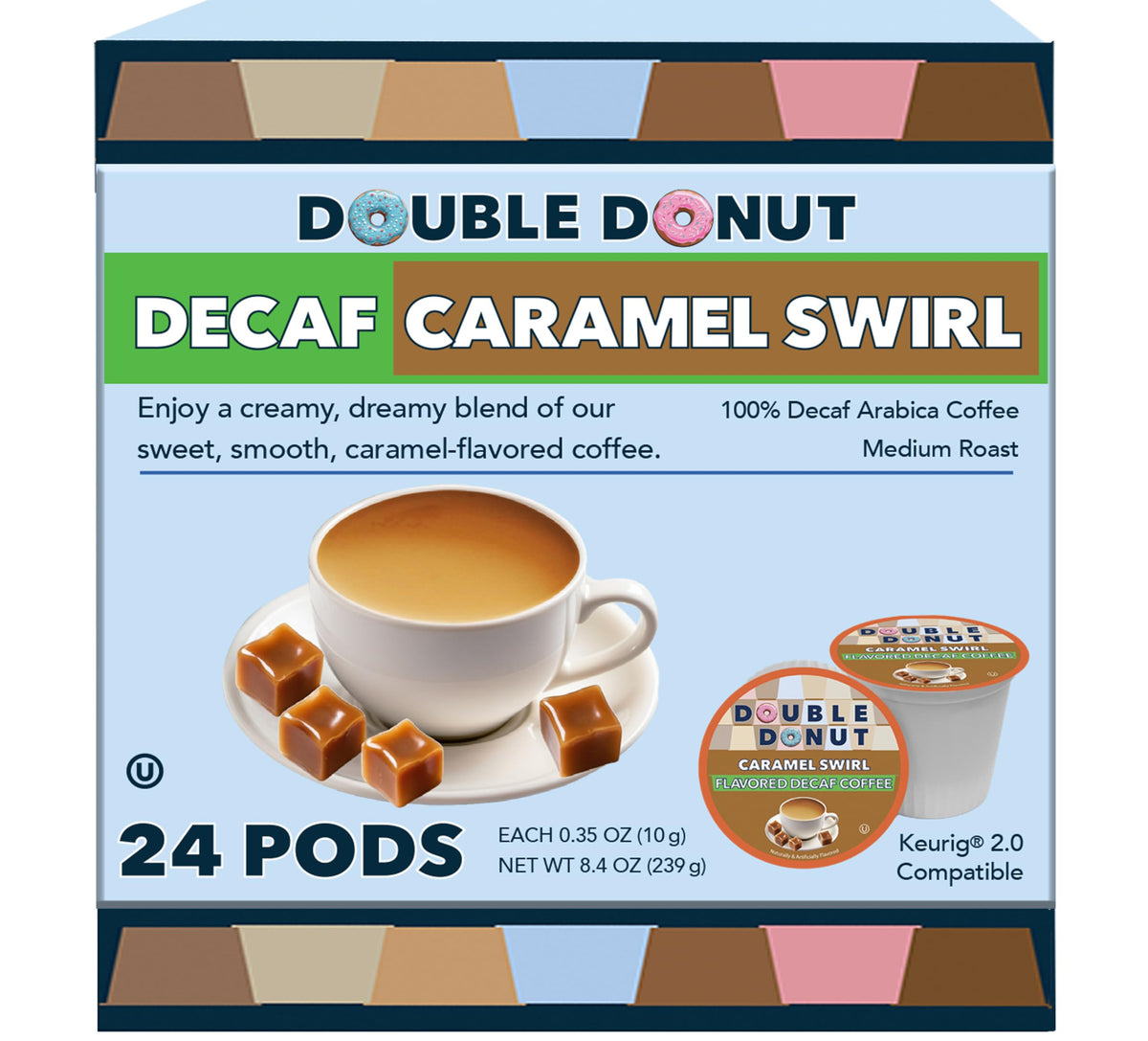 Double Donut Caramel Swirl decaf K-Cup pods with creamy caramel flavor