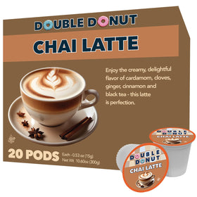 Double Donut Coffee chai latte pods pack shot showing convenient 20-count box for home brewing