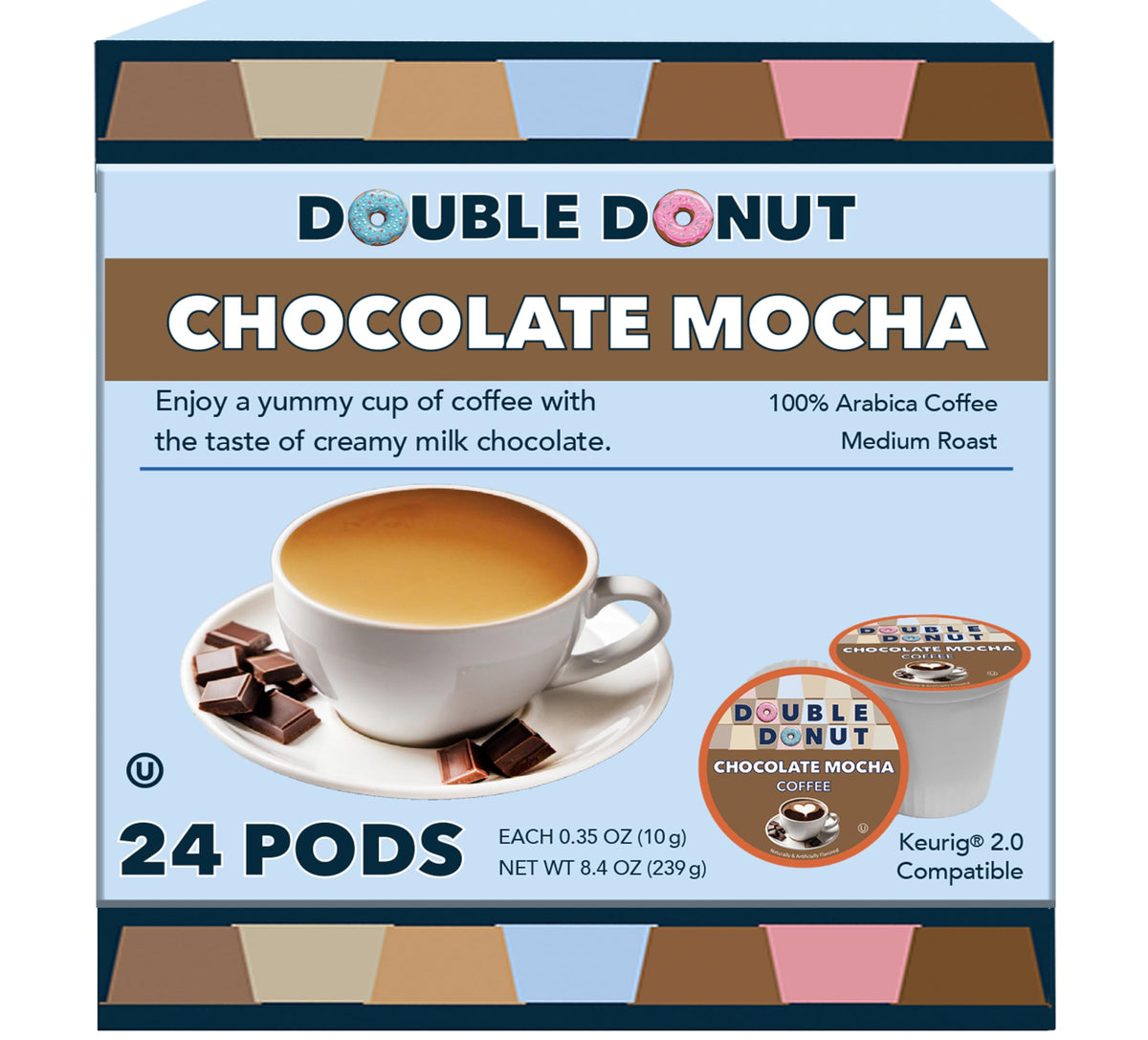 Double Donut Coffee chocolate mocha pods deliver rich, creamy notes for single-serve brews.