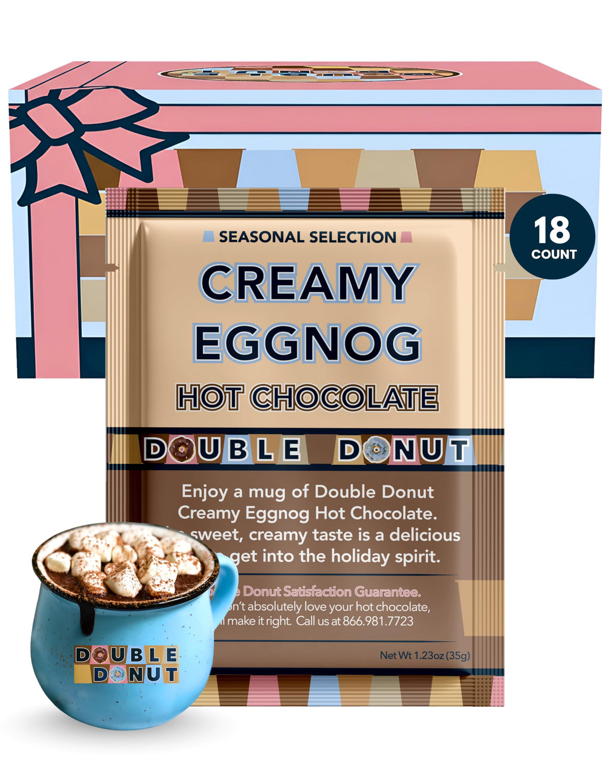 Double Donut Coffee creamy eggnog hot chocolate packets ready for cozy evenings.