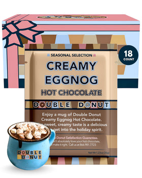 Double Donut Coffee creamy eggnog hot chocolate packets ready for cozy evenings.