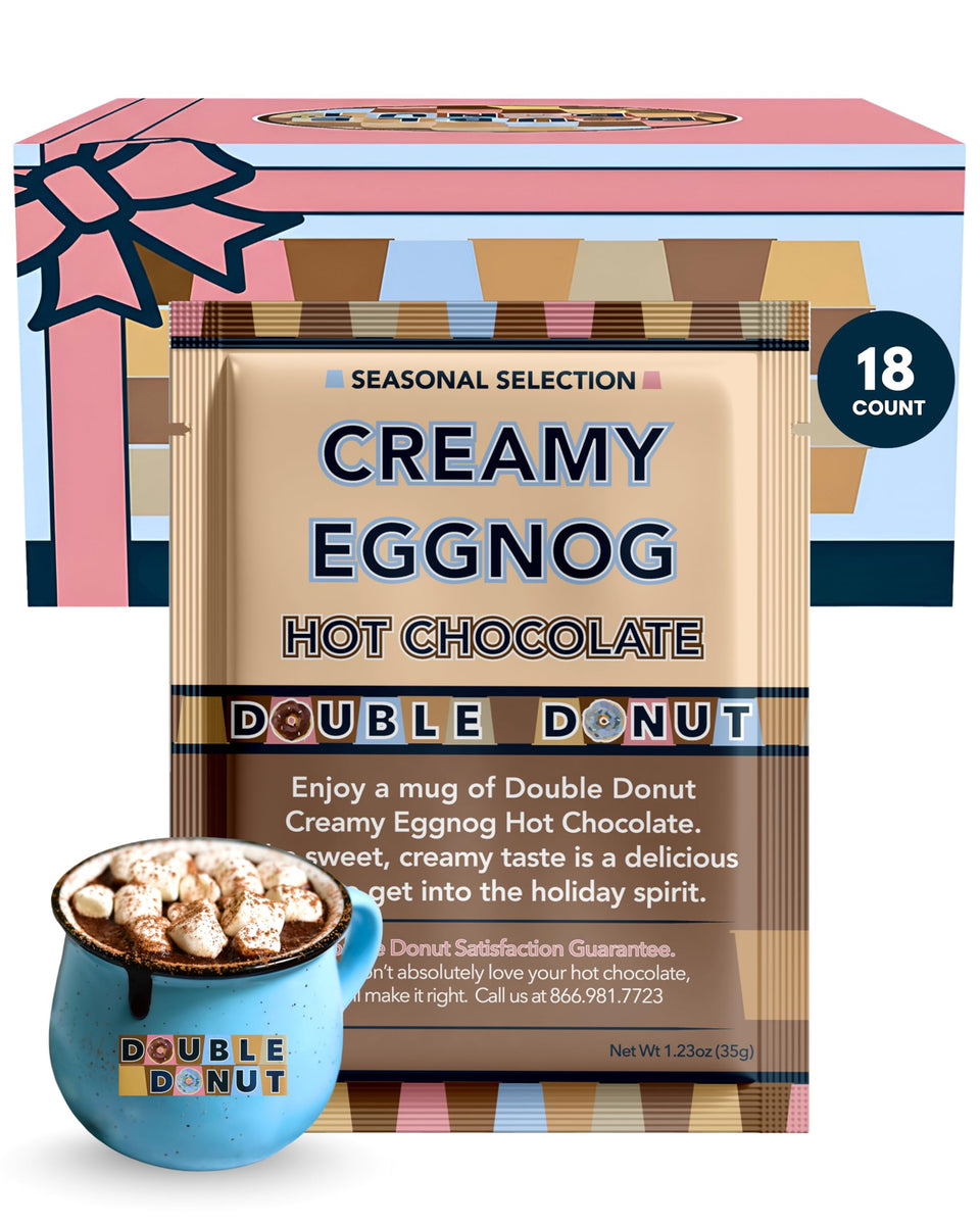 Double Donut Coffee creamy eggnog hot chocolate packets ready for cozy evenings.