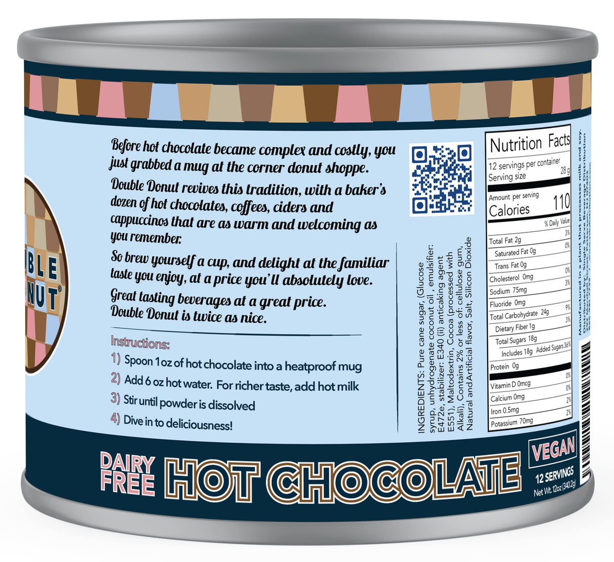 Double Donut Coffee dairy-free hot chocolate canister back with ingredients and vegan status