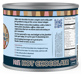 Double Donut Coffee dairy-free hot chocolate canister back with ingredients and vegan status