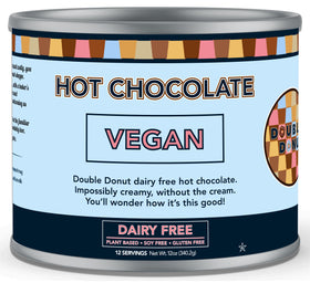 Double Donut Coffee dairy-free hot chocolate mix canister front showing rich vegan cocoa