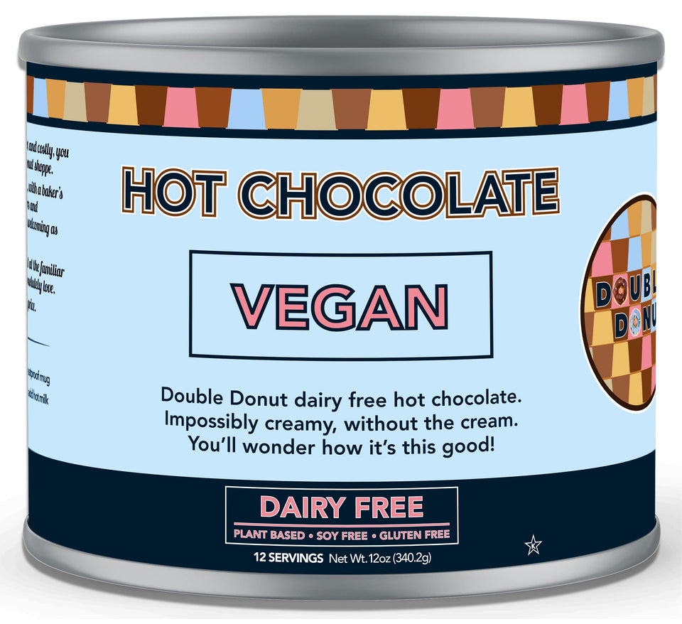 Double Donut Coffee dairy-free hot chocolate mix canister front showing rich vegan cocoa