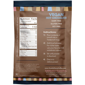 Label closeup on Double Donut Coffee dairy-free hot chocolate pack