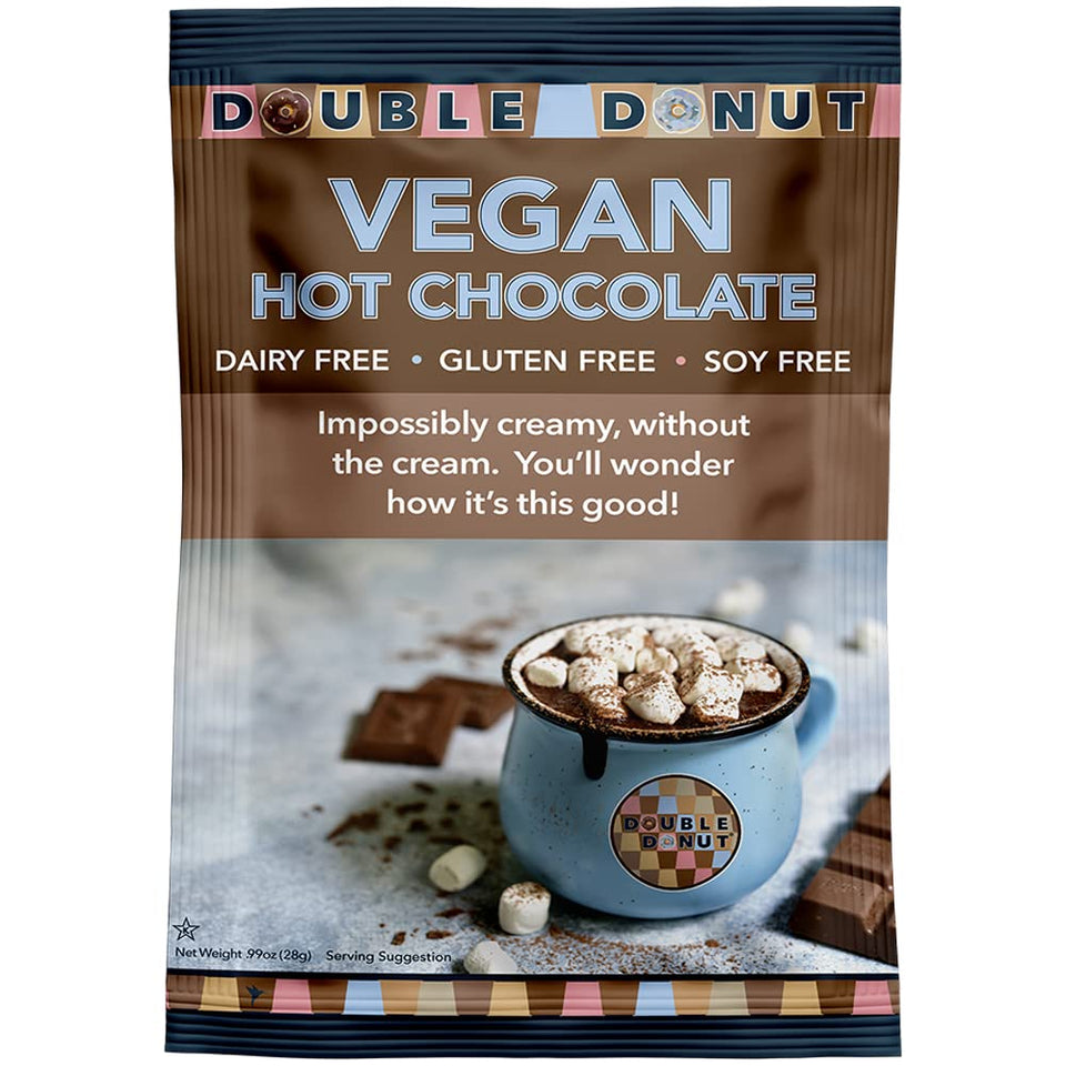 Double Donut Coffee dairy-free hot chocolate pack front for vegan convenience