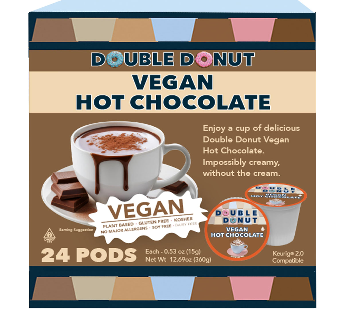 Double Donut dairy-free hot chocolate pods in a box for easy stocking