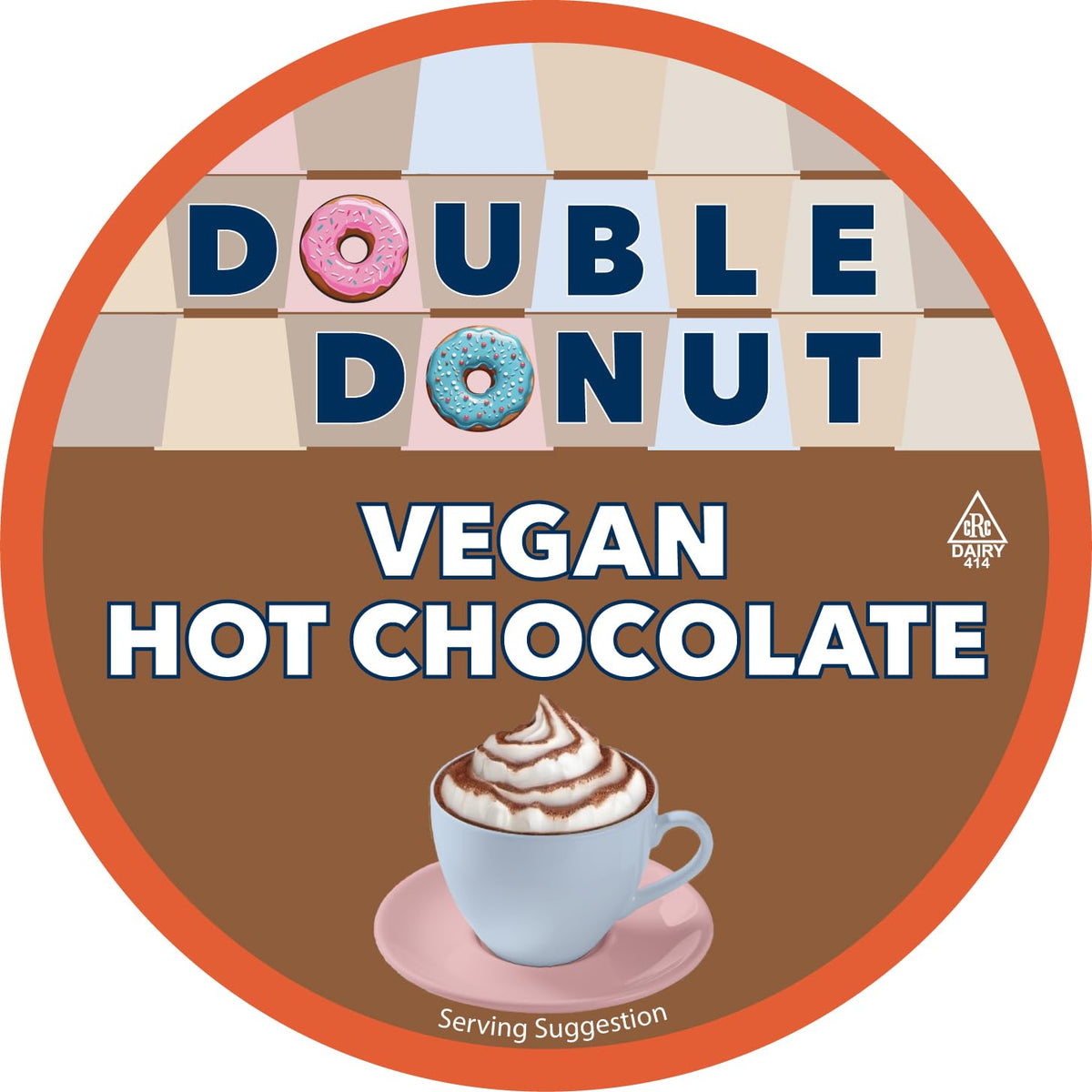 Closeup of Double Donut hot chocolate pod highlighting vegan ingredients