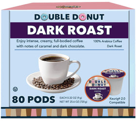 Double Donut Coffee dark roast pod pouring into a cup, rich aroma.