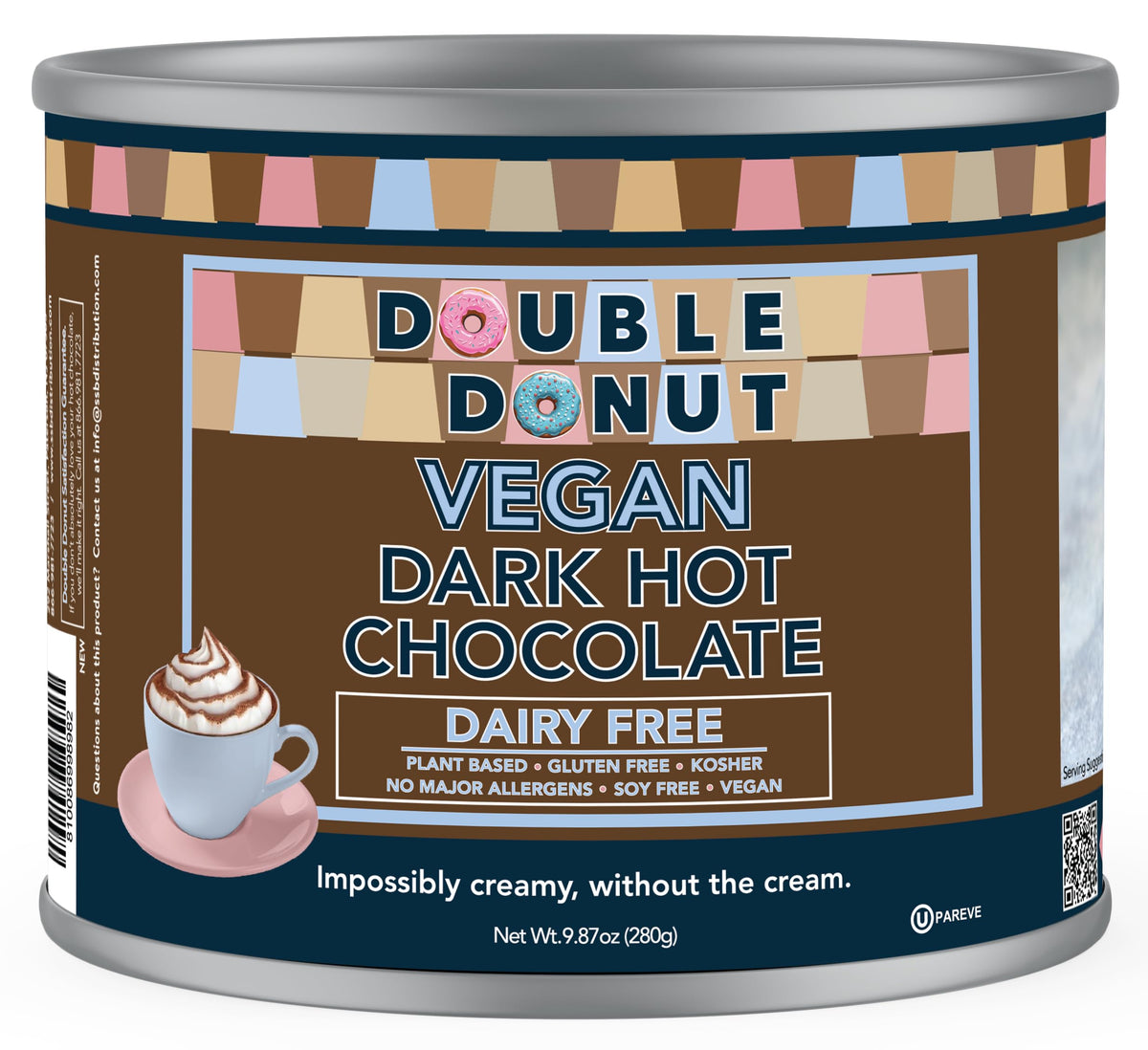 Double Donut Coffee hot cocoa canister ready for cozy nights with dairy-free indulgence.