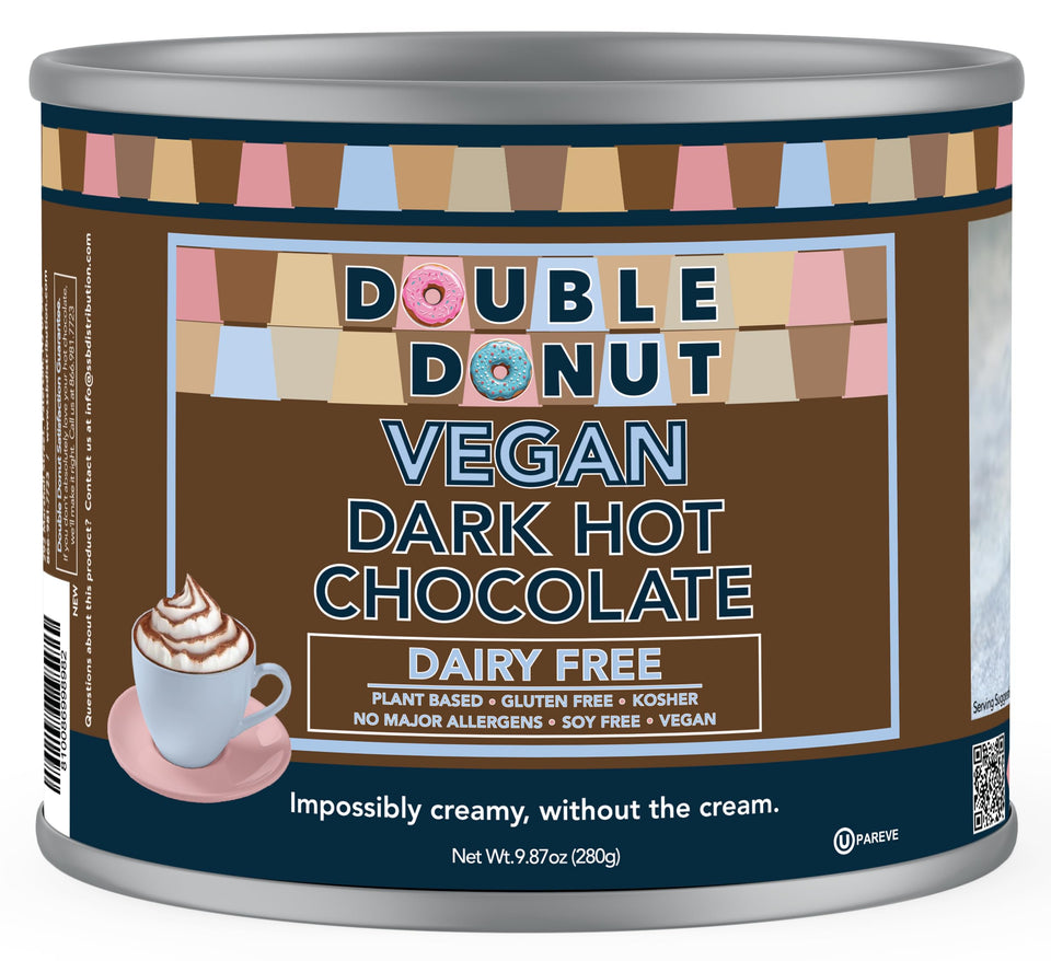Double Donut Coffee hot cocoa canister ready for cozy nights with dairy-free indulgence.